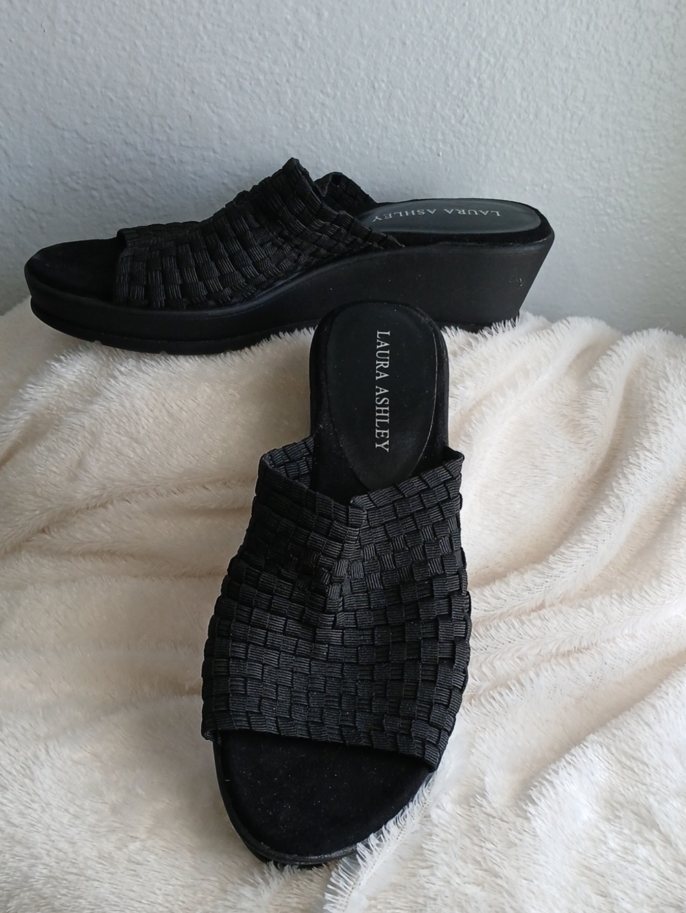 Laura Ashley Black Woven Slide Wedge Mules